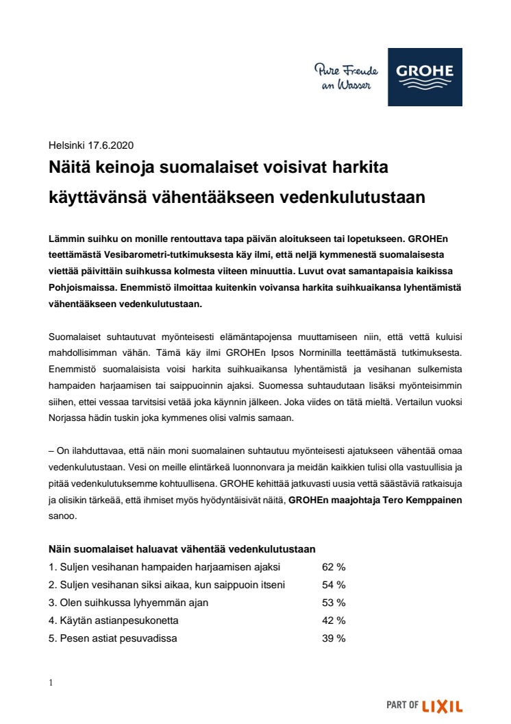 Näitä keinoja suomalaiset voisivat harkita käyttävänsä vähentääkseen vedenkulutustaan  