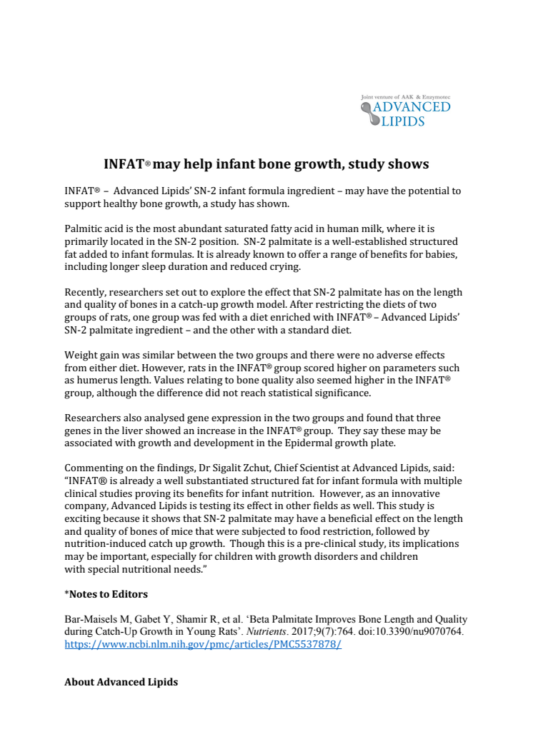PRESS RELEASE: INFAT® may help infant bone growth, study shows