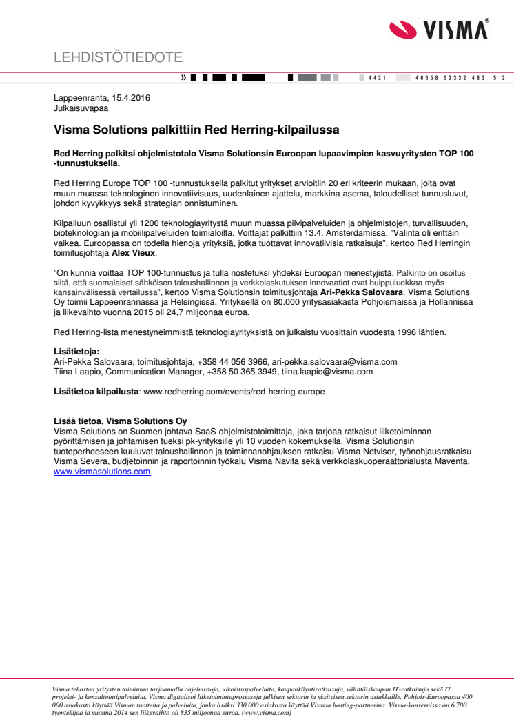 Visma Solutions palkittiin Red Herring-kilpailussa