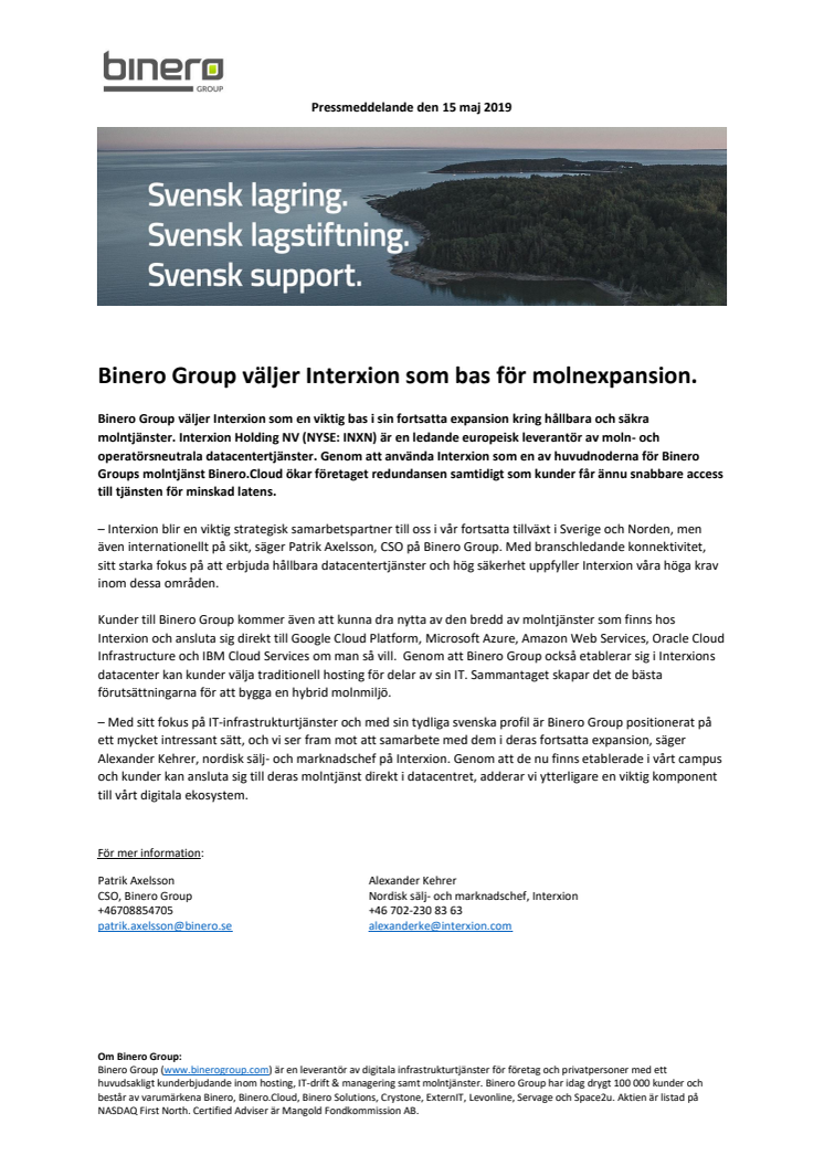 Binero Group väljer Interxion som bas för molnexpansion