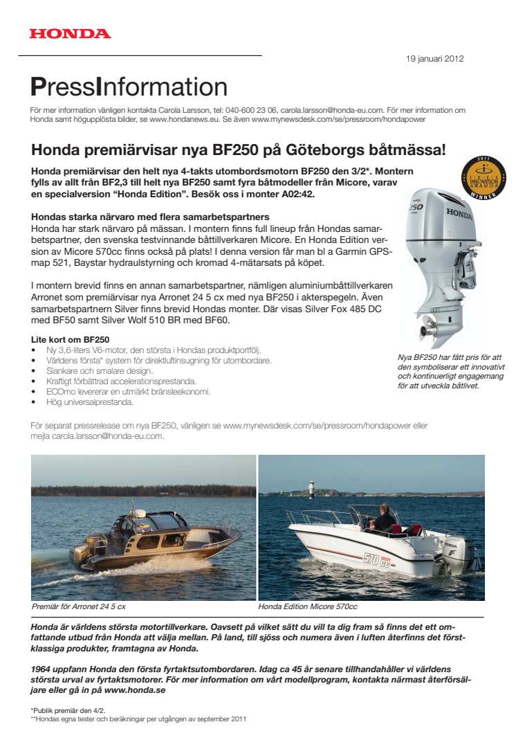 Honda premiärvisar nya BF250 på Göteborgs båtmässa!