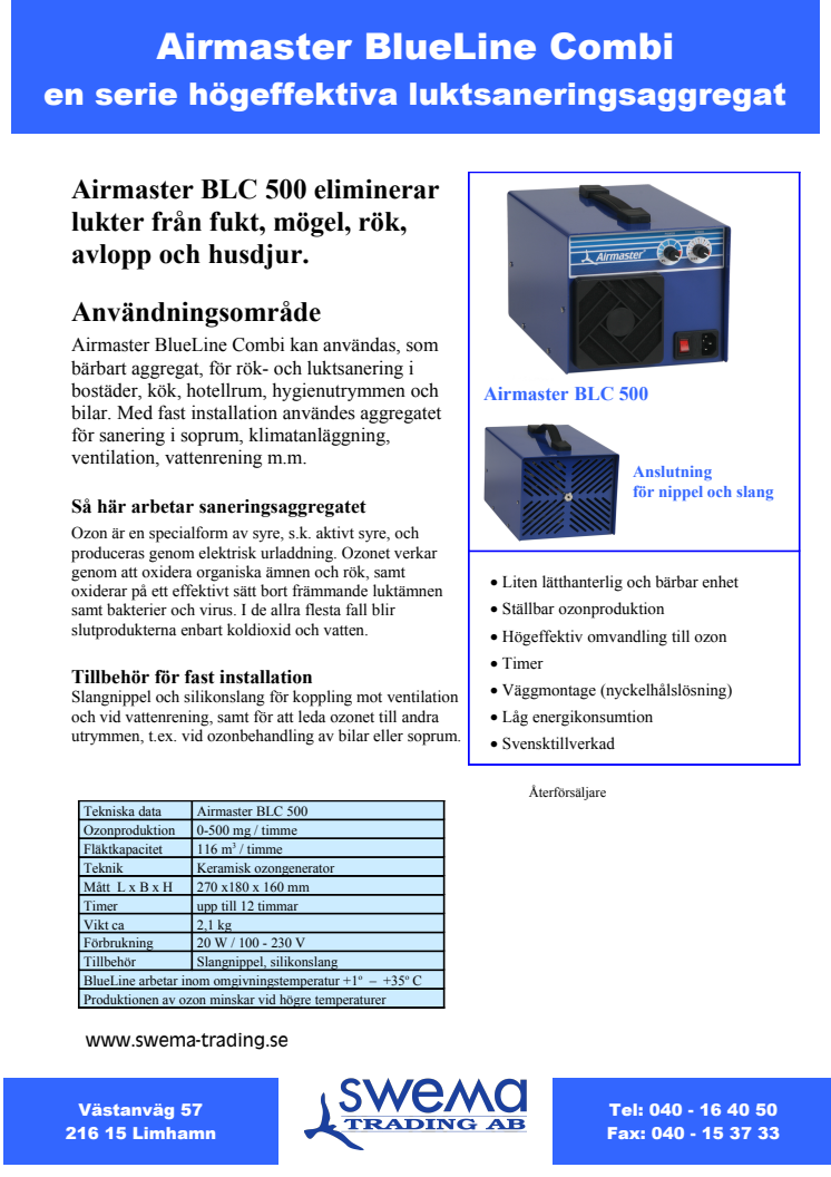 Airmaster BlueLine BLC 500, produktblad