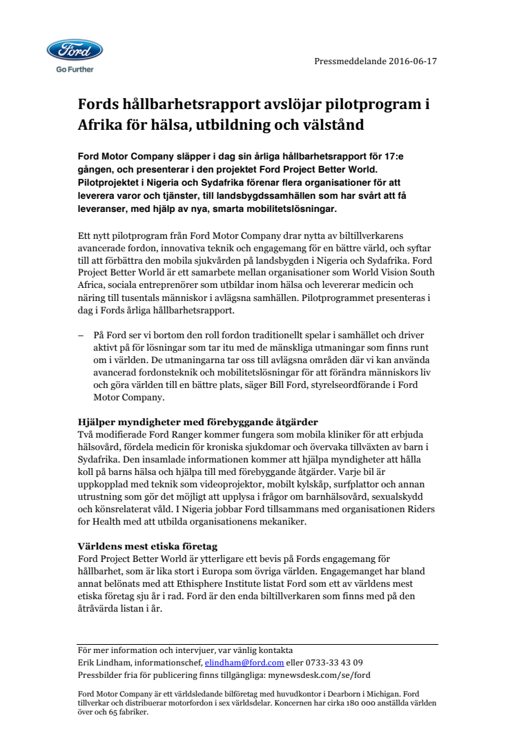 Fords hållbarhetsrapport avslöjar pilotprogram i Afrika för hälsa, utbildning och välstånd