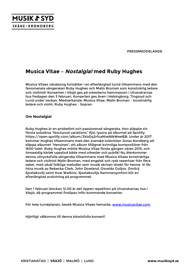 Musica Vitae - Nostalgia! med Ruby Hughes