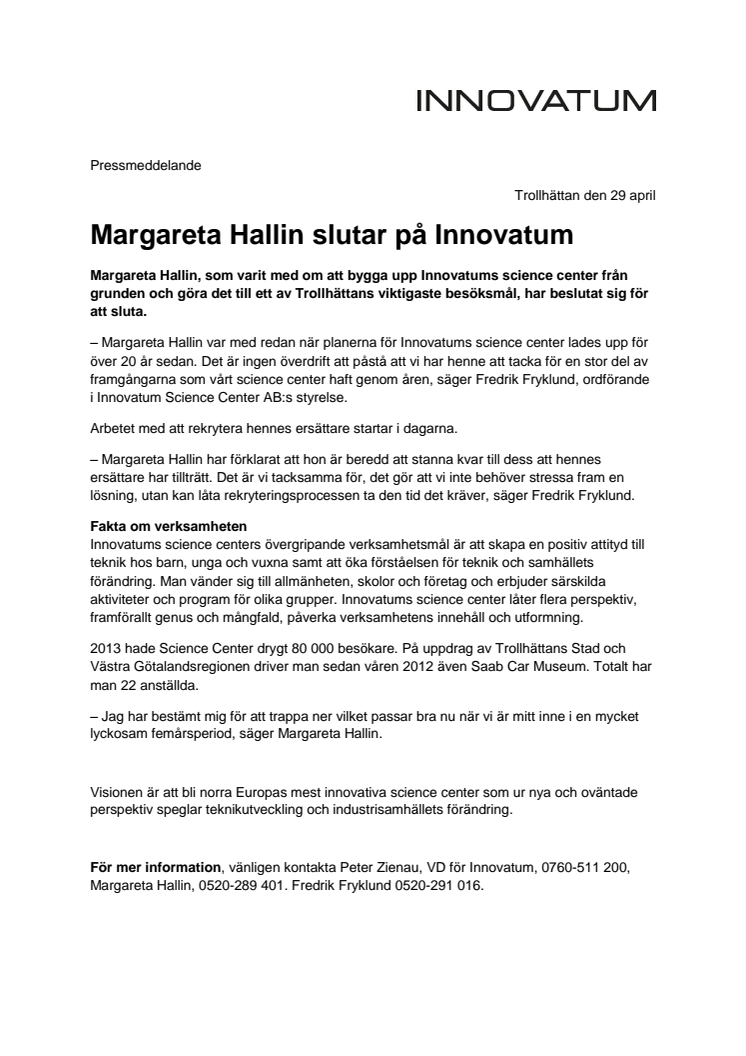 Margareta Hallin slutar på Innovatum