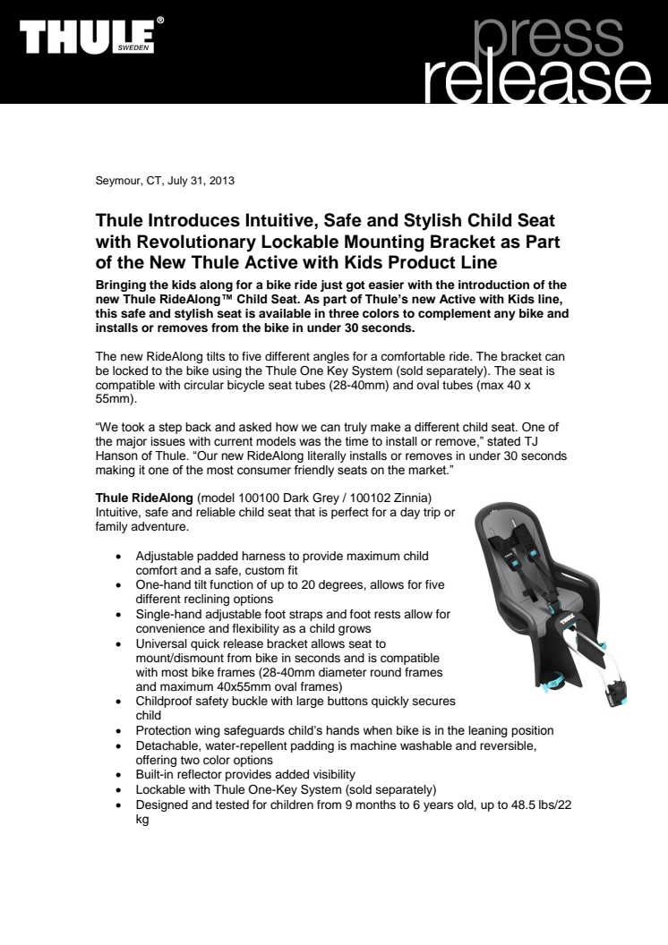 Thule Introduces Intuitive, Safe and Stylish Child Seat with Revolutionary Lockable Mounting Bracket as Part of the New Thule Active with Kids Product Line