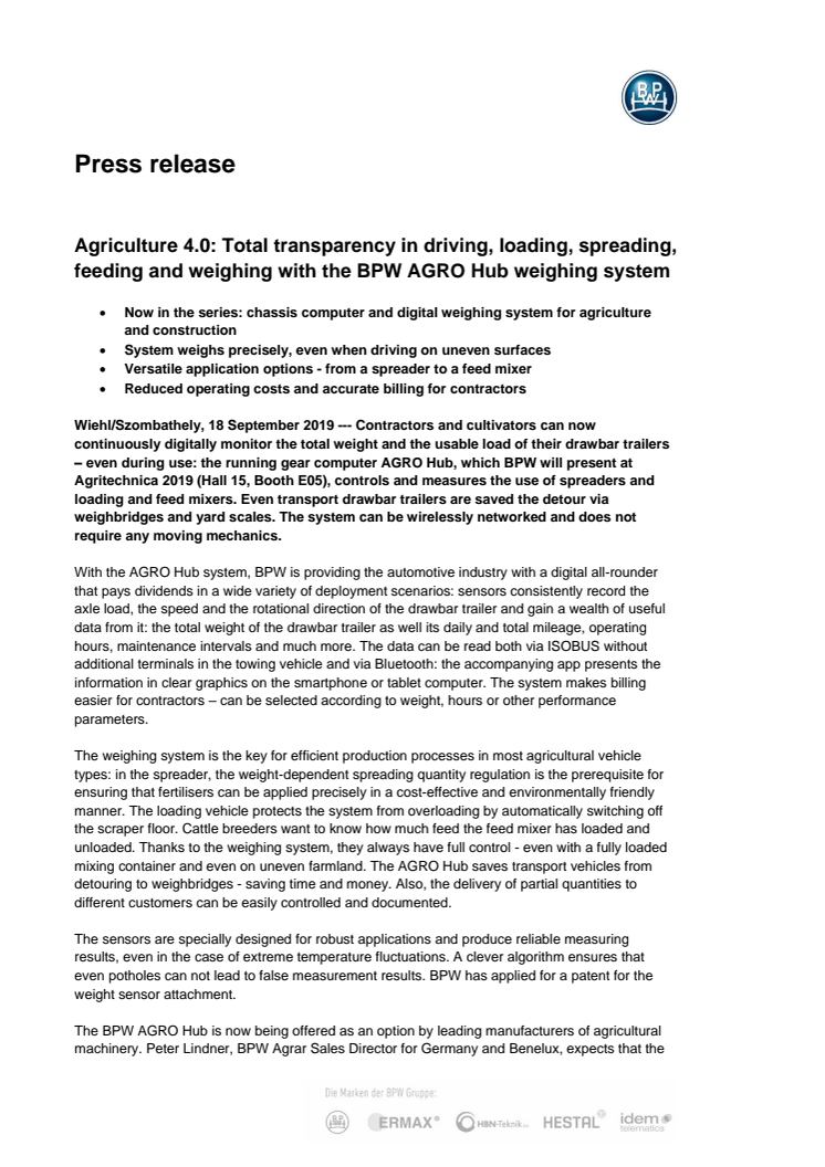 Agriculture 4.0: Total transparency in driving, loading, spreading, feeding and weighing with the BPW AGRO Hub weighing system