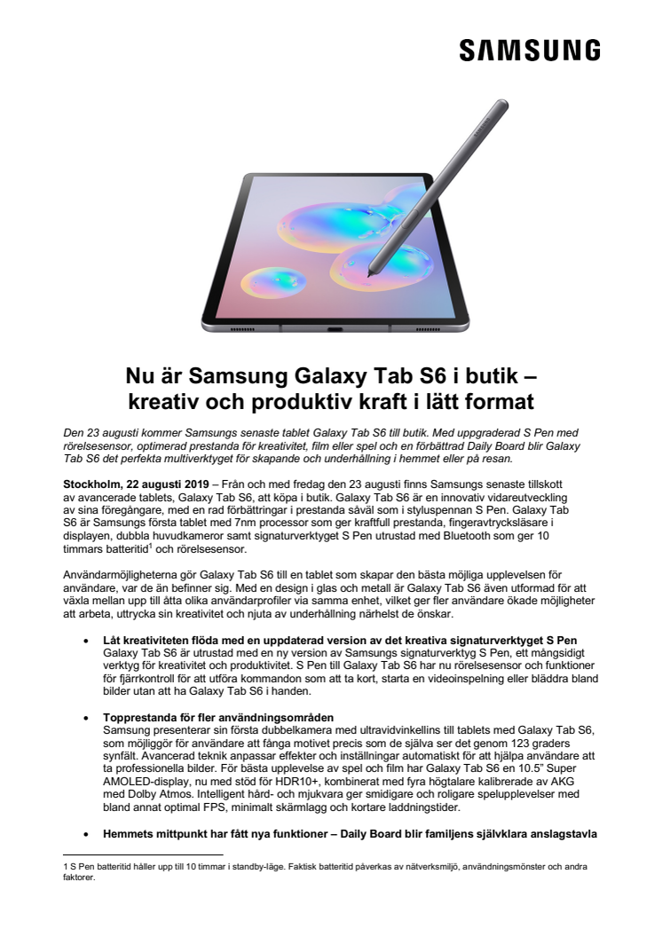 Nu är Samsung Galaxy Tab S6 i butik – kreativ och produktiv kraft i lätt format