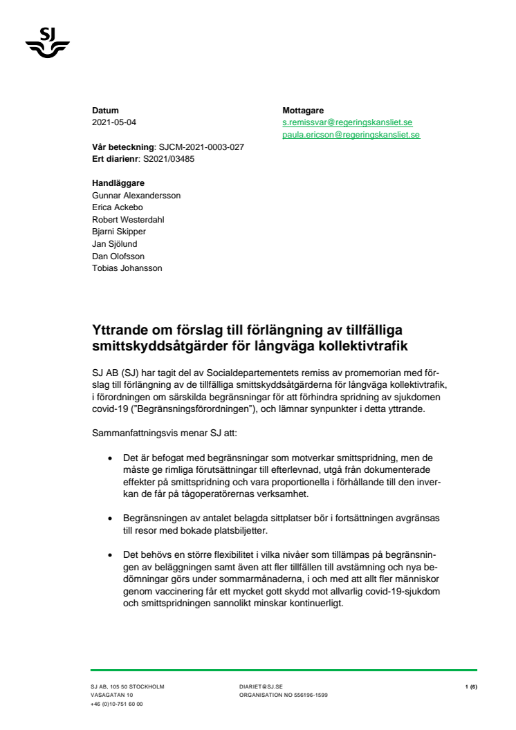 SJs yttrande om förslag till förlängning av tillfälliga smittskyddsåtgärder för långväga kollektivtrafik