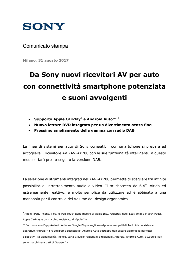 Da Sony nuovi ricevitori AV per auto con connettività smartphone potenziata e suoni avvolgenti