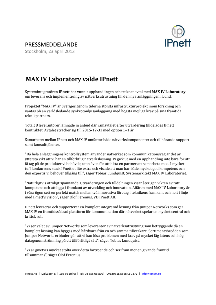  MAX IV Laboratory valde NetNordic