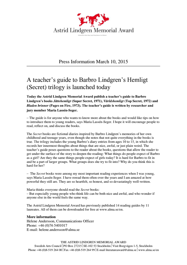 A teacher’s guide to Barbro Lindgren’s Hemligt (Secret) trilogy is launched today