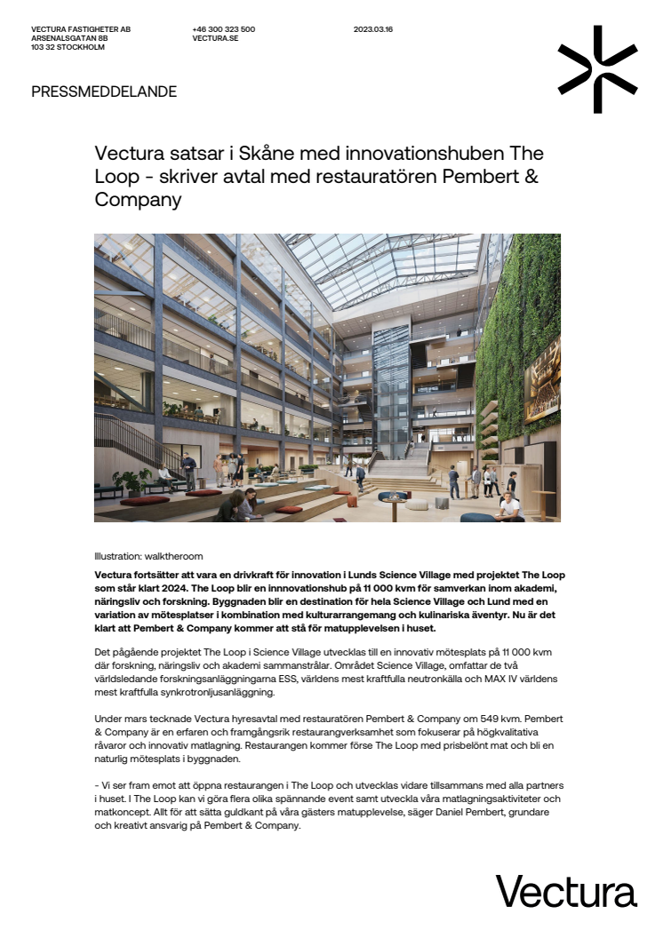 Vectura satsar i Skåne med innovationshuben The Loop - skriver avtal med restauratören Pembert & Company.pdf