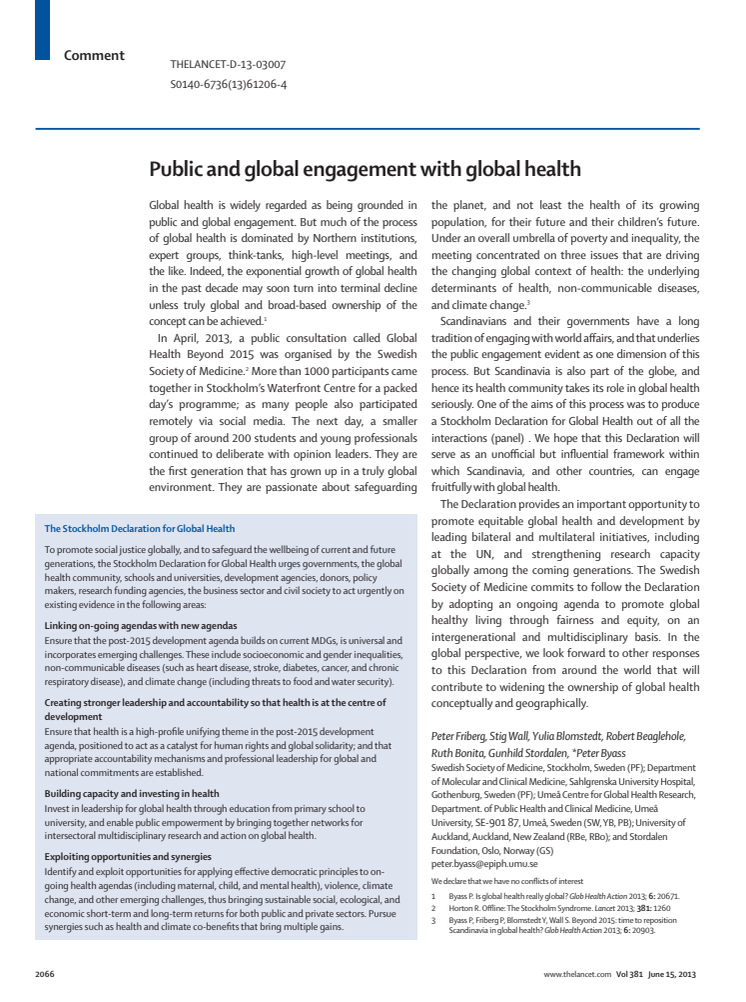 Stockholmdeklarationen för global hälsa publiceras - handlingsplan för fortsatt internationellt samarbete och partnerskap