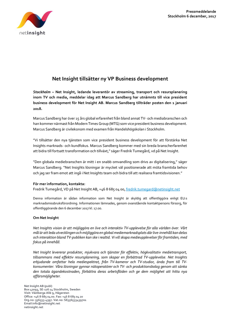 Net Insight tillsätter ny VP Business development