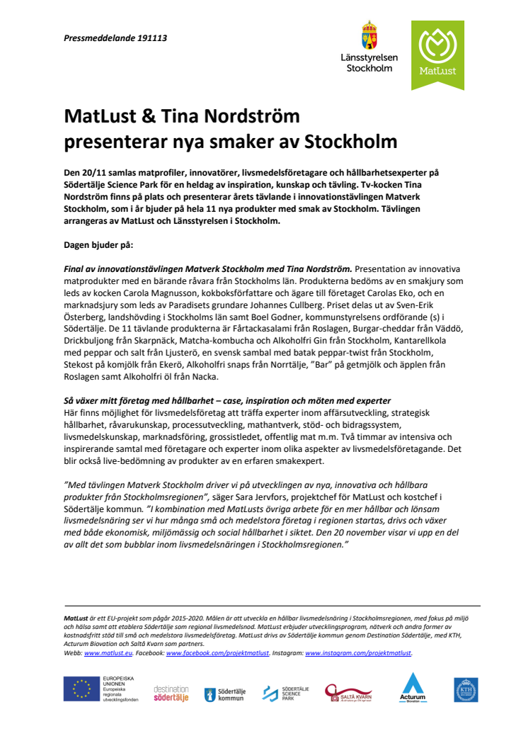 20 november: MatLust & Tina Nordström presenterar nya smaker av Stockholm