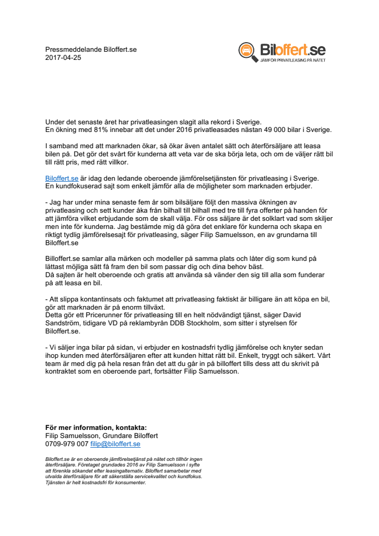 Privatleasing upp 81% – nu finns branschens Pricerunner för leasingbilar på nätet - Biloffert.se