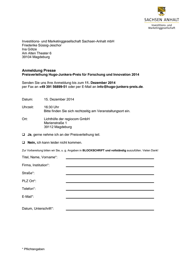 Anmeldefax zur Preisverleihung