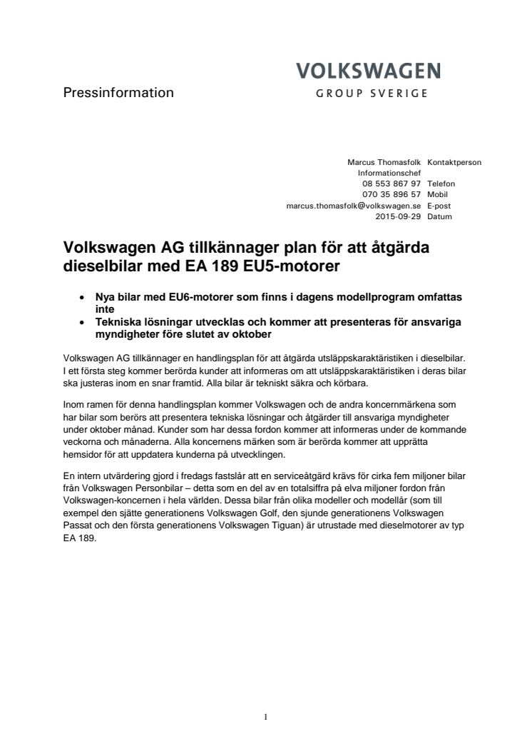 Volkswagen AG tillkännager plan för att åtgärda dieselbilar med EA 189 EU5-motorer