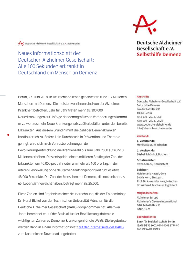 Neues Informationsblatt der Deutschen Alzheimer Gesellschaft:  Alle 100 Sekunden erkrankt in Deutschland ein Mensch an Demenz