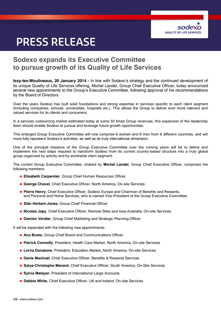 Sodexo expands its Executive Committee to pursue growth of its Quality of Life Services