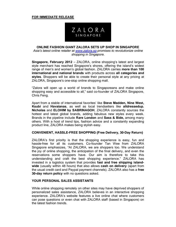 ONLINE FASHION GIANT ZALORA SETS UP SHOP IN SINGAPORE