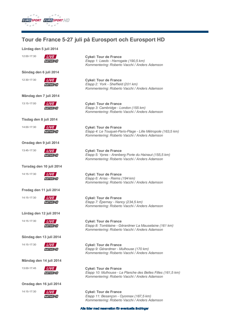 TV-tablå för Eurosports sändningar från Tour de France 2014