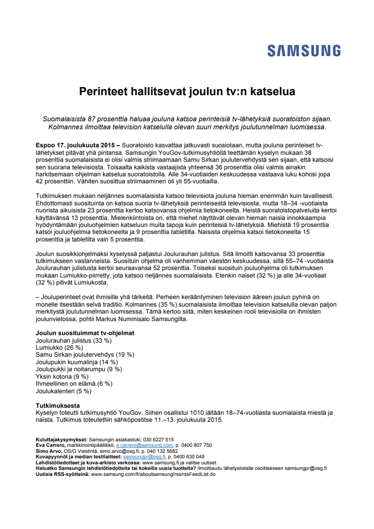 Perinteet hallitsevat joulun tv:n katselua 