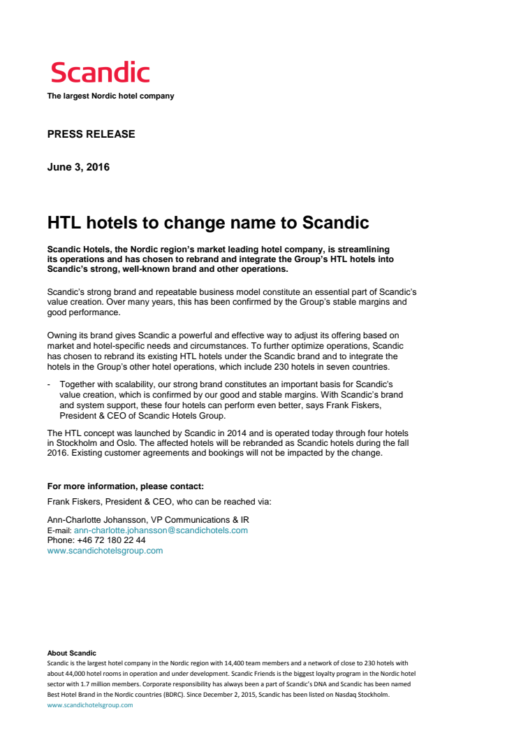 HTL hotels to change name to Scandic