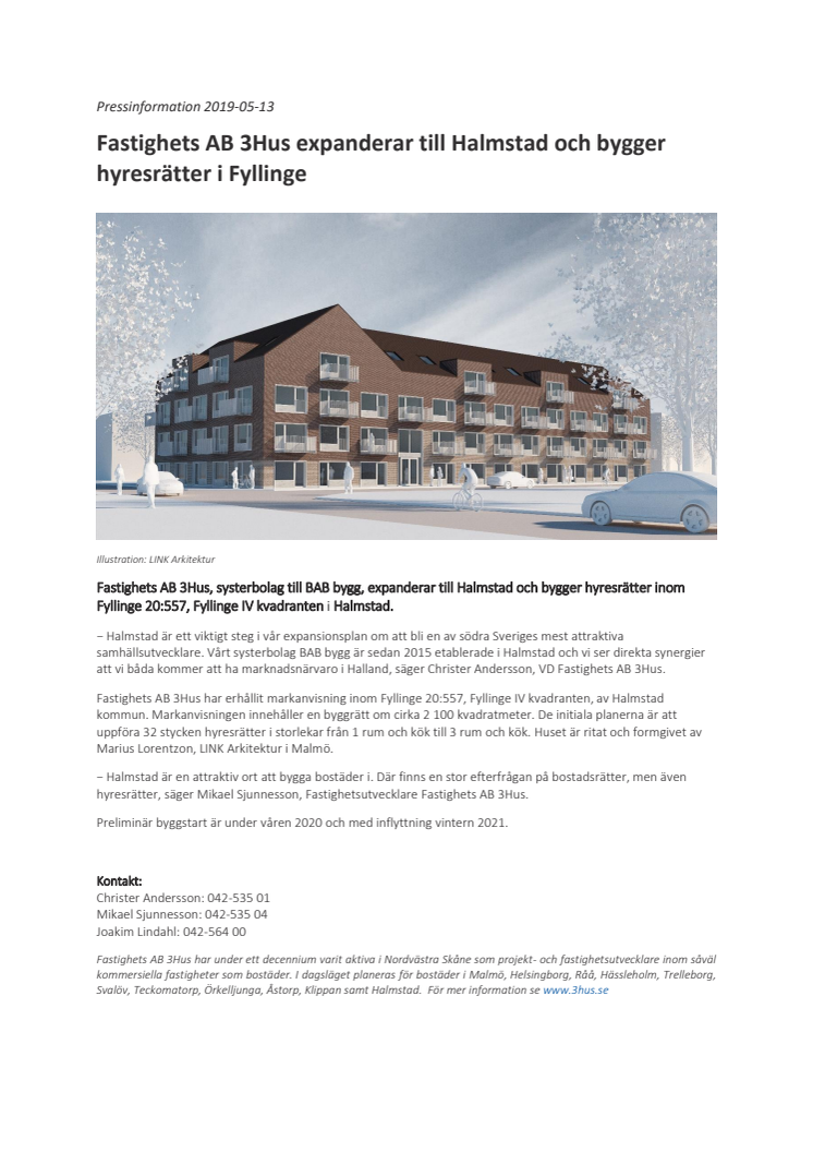 Fastighets AB 3Hus expanderar till Halmstad och bygger hyresrätter i Fyllinge