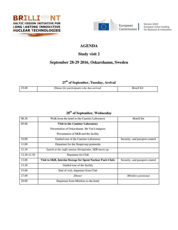 AGENDA  September 28-29 2016, Oskarshamn, Sweden