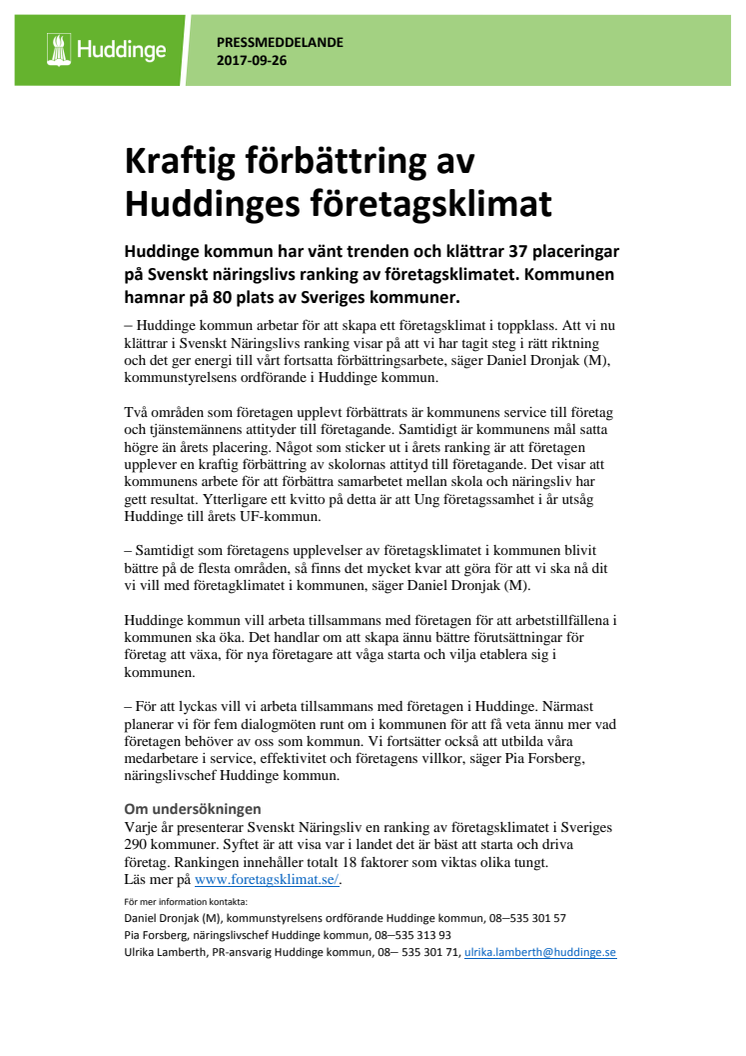 Kraftig förbättring av Huddinges företagsklimat 
