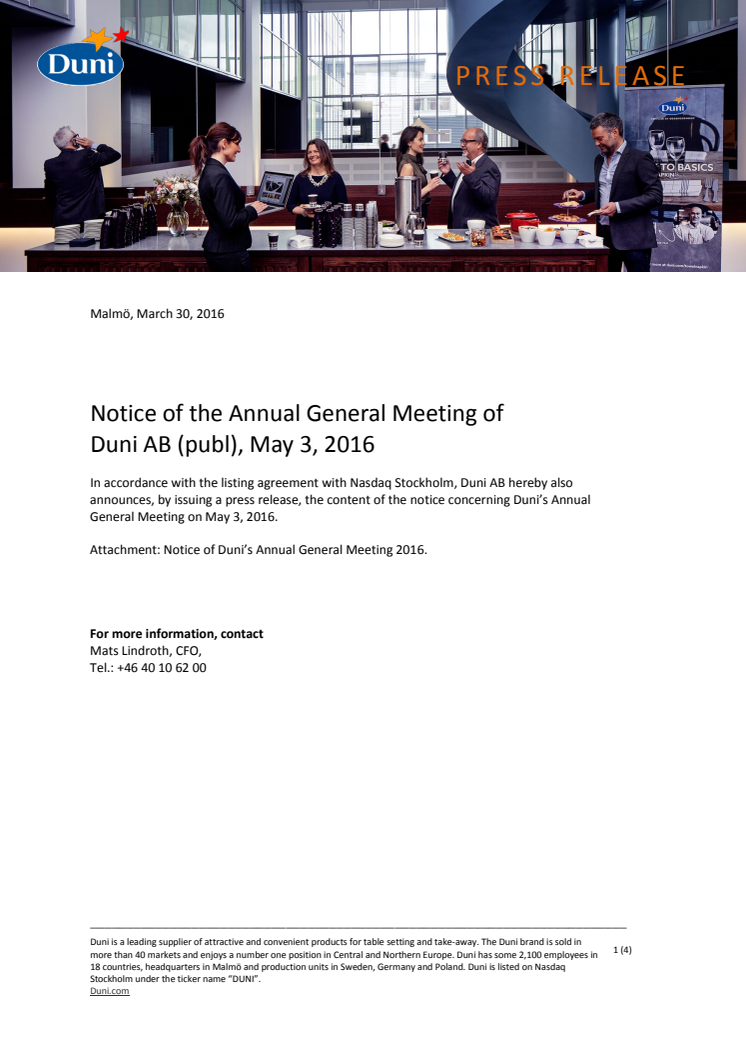Notice of the Annual General Meeting of Duni AB (publ), May 3, 2016