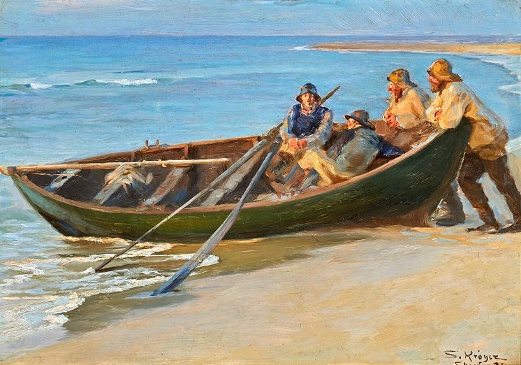 P. S. Krøyer- Fiskere ved en båd på Skagen Nordstrand. Sign. S. Krøyer Skagen 91. Olie på træ. 31 × 41.jpeg