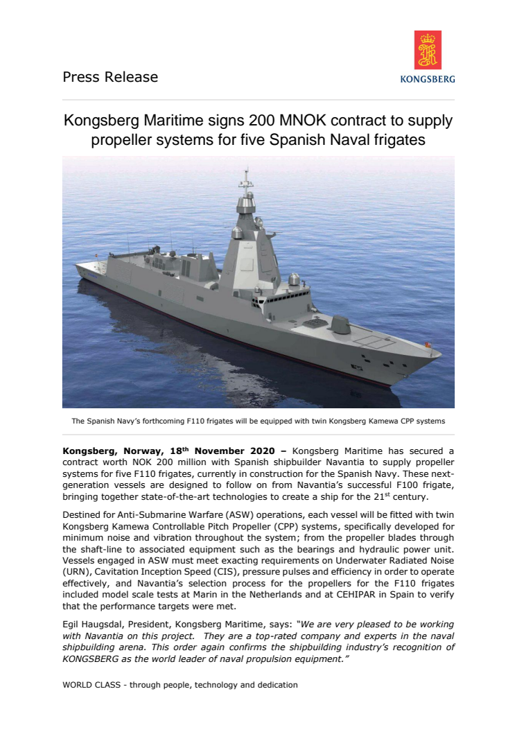 Kongsberg Maritime signs 200 MNOK contract to supply propeller systems for five Spanish Naval frigates