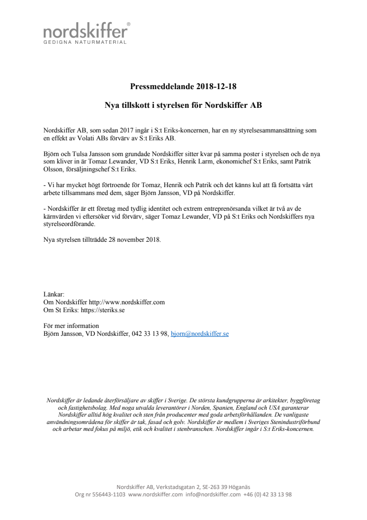 ​Nya tillskott i styrelsen för Nordskiffer AB
