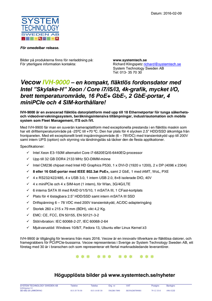 ​Vecow IVH-9000 – en kompakt, fläktlös fordonsdator med Intel ”Skylake-H” Xeon / Core i7/i5/i3