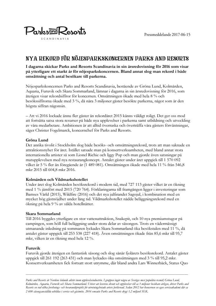 Nya rekord för nöjesparkskoncernen Parks and Resorts