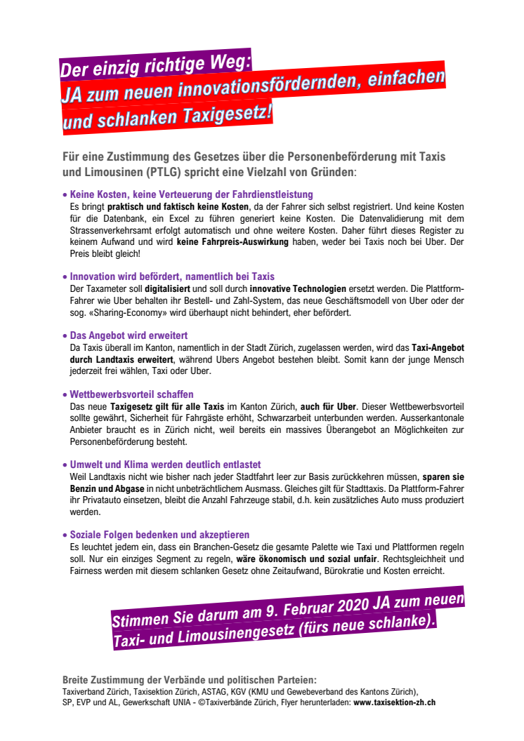 Pressemitteilung des Verbands Taxi Sektion Zürich zum Abstimmungsresultat vom 9. Februar 2020
