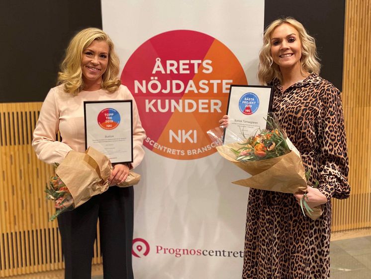 Emelie Ekelund, chef Sälj och Jeanette Thörnkrantz Madsen, chef Analys, med BoKloks utmärkelser efter Prognoscentrets NKI-seminarium 2020. 