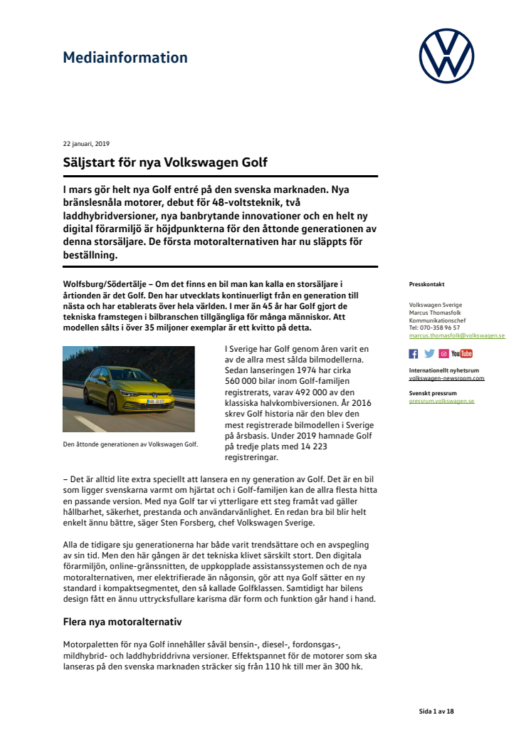 Säljstart för nya Volkswagen Golf