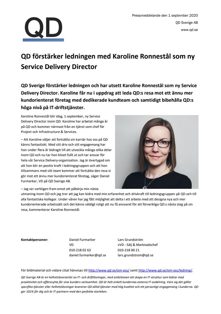 QD förstärker ledningen med Karoline Ronnestål som ny Service Delivery Director