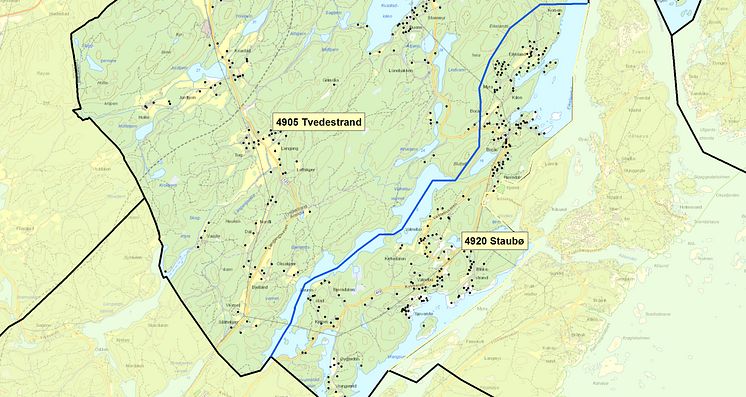 4900 Tvedestrand med Staubø  - postnummerinndeling
