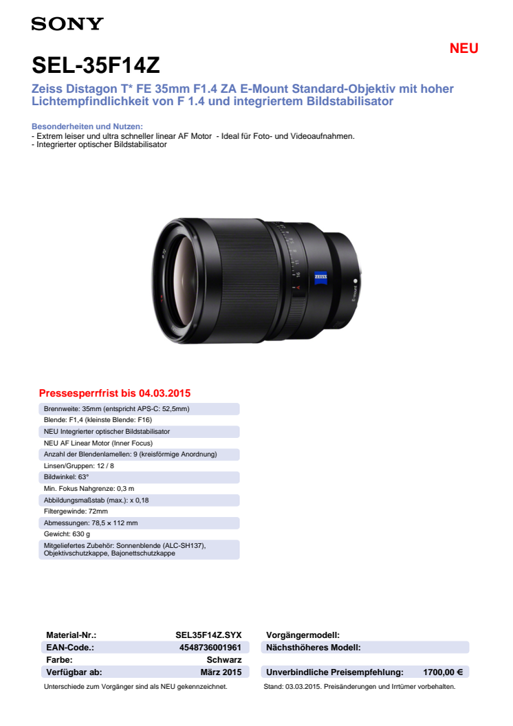 Datenblatt SEL-35F14Z von Sony