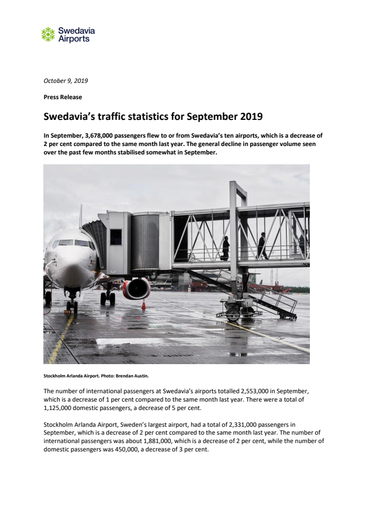 Swedavia's traffic statistics för September 2019