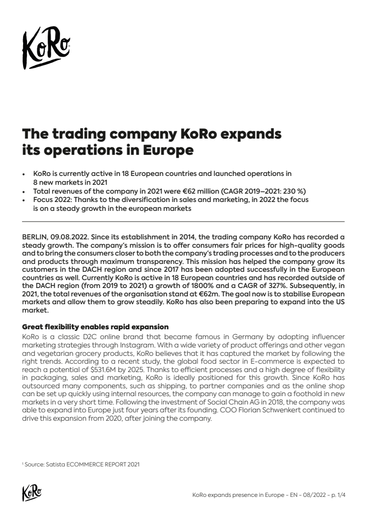 The trading company KoRo expands its operations in Europe