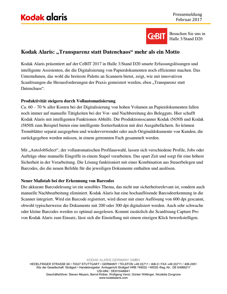 CeBIT Preview: Kodak Alaris - „Transparenz statt Datenchaos“ mehr als ein Motto