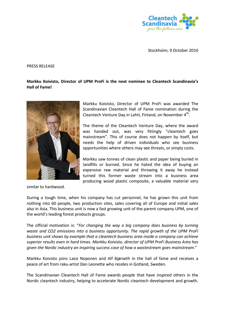 Markku Koivisto, Director of UPM ProFi is the next nominee to Cleantech Scandinavia’s Hall of Fame