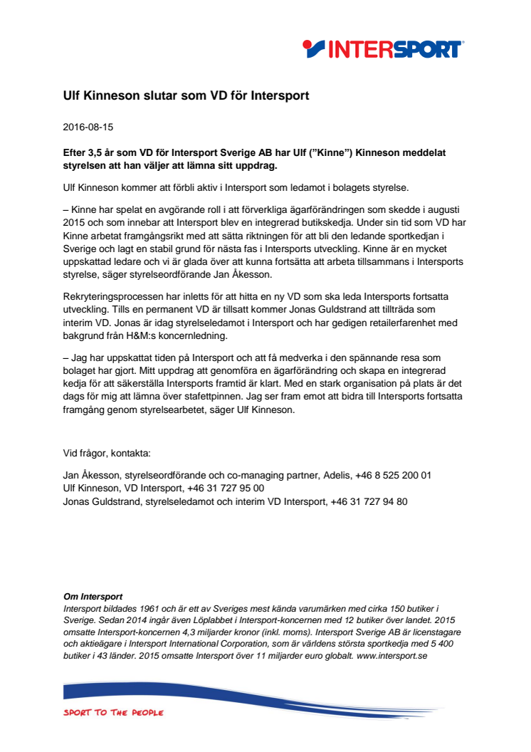 Ulf Kinneson slutar som VD för Intersport