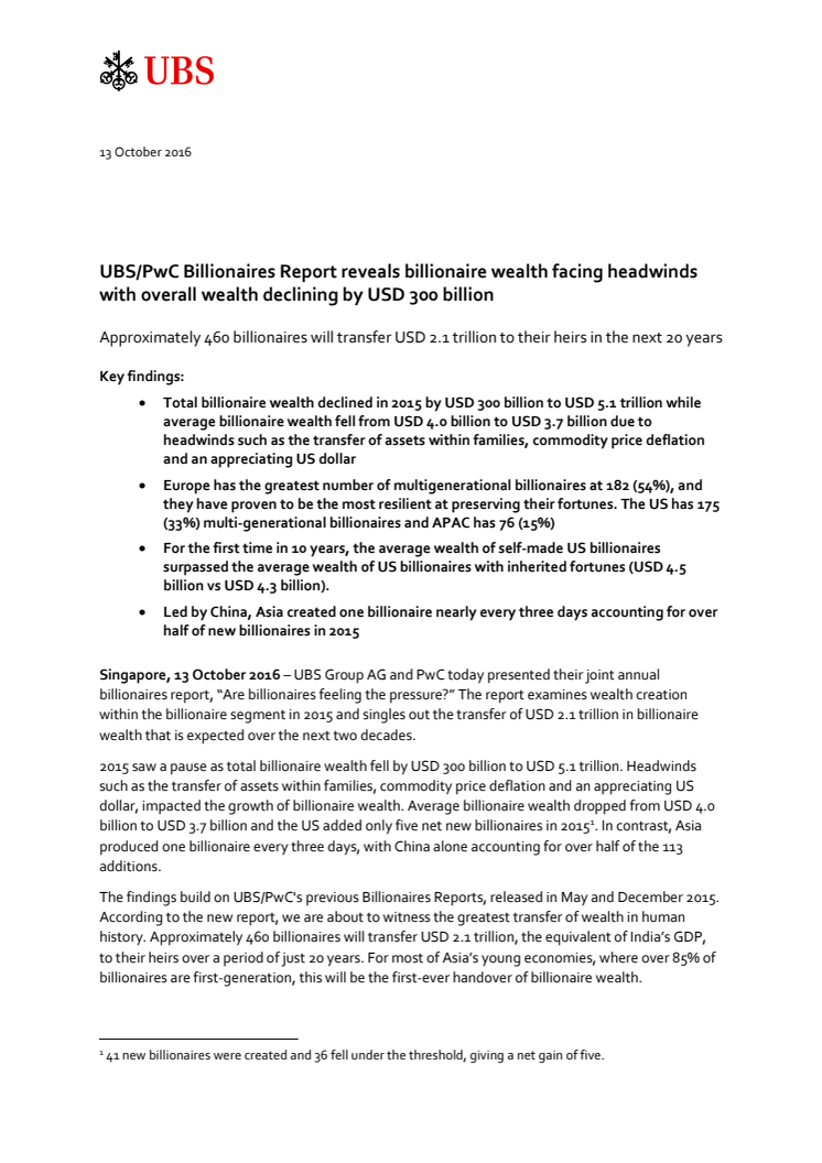 UBS/PwC Billionaires Report reveals billionaire wealth facing headwinds with overall wealth declining by USD 300 billion